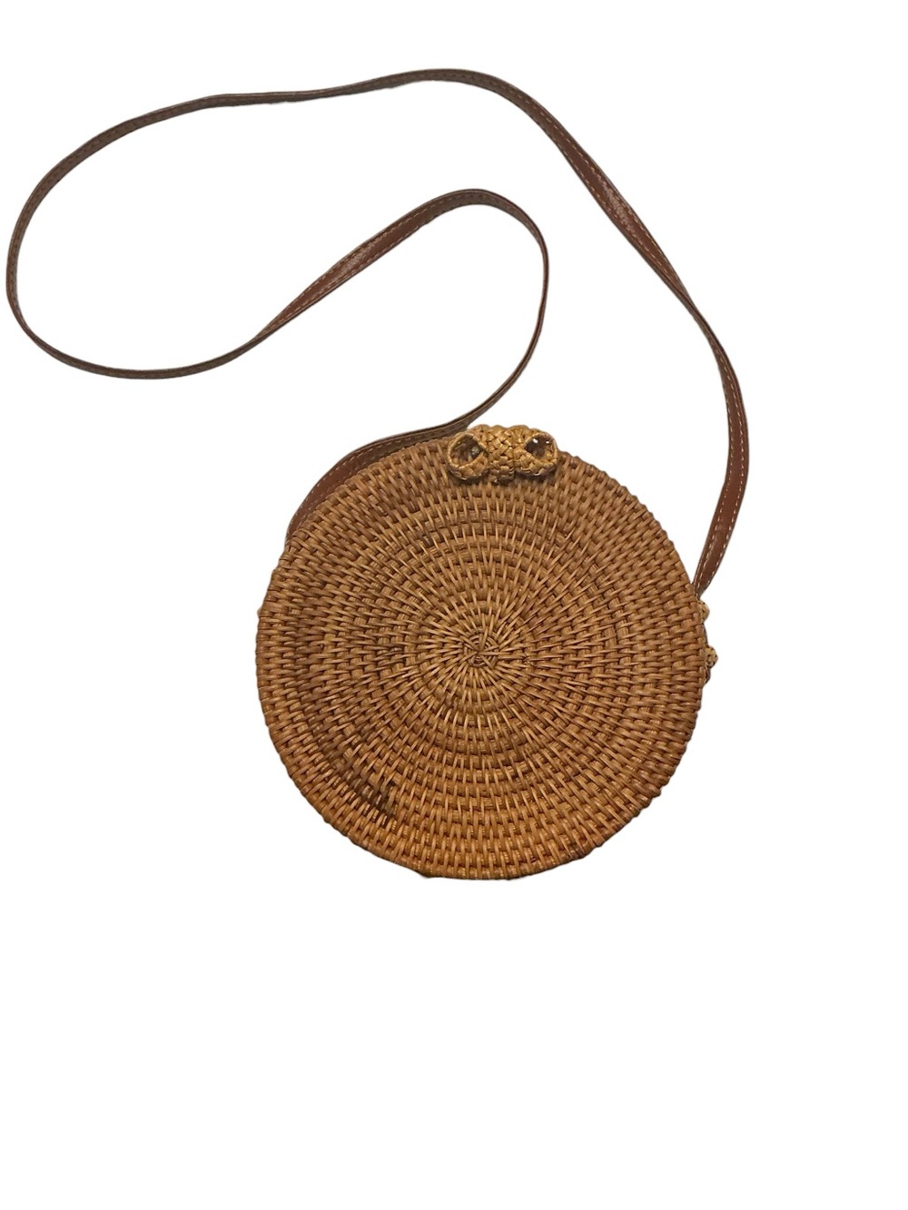Unbranded Natural Brown Round Woven Rattan Crossbody Bag With Leather Strap